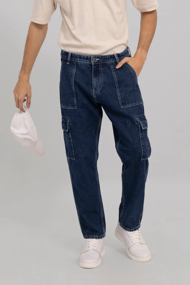 سنيتش Navy Solid Wide Leg Streetwear Jeans