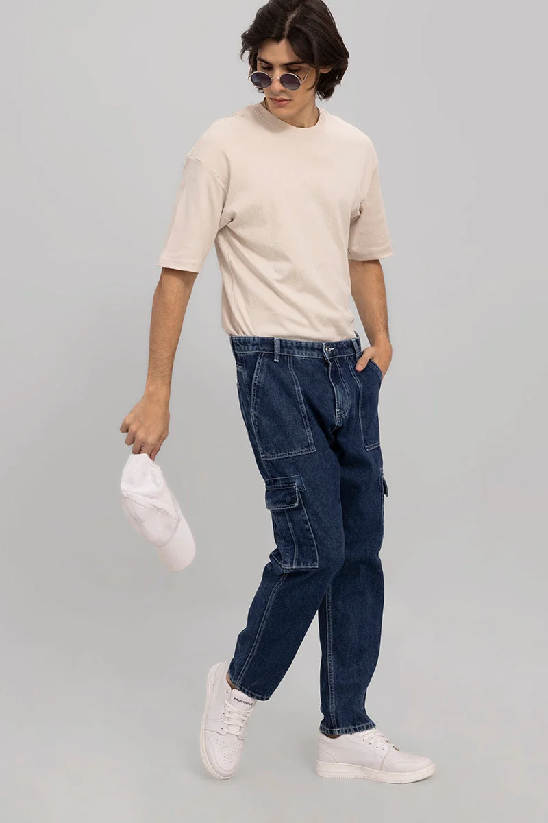 سنيتش Navy Solid Wide Leg Streetwear Jeans