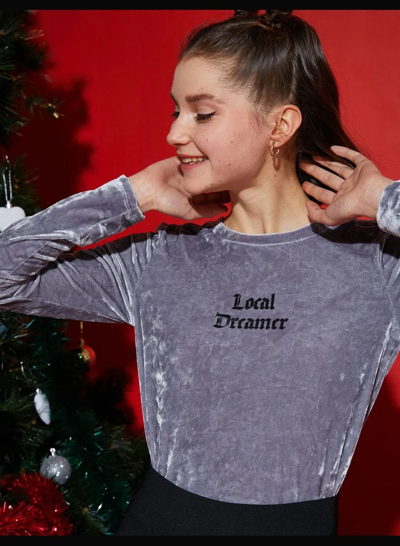كوتون Velvet Crew Neck Long Sleeve Text Detailed T-Shirt