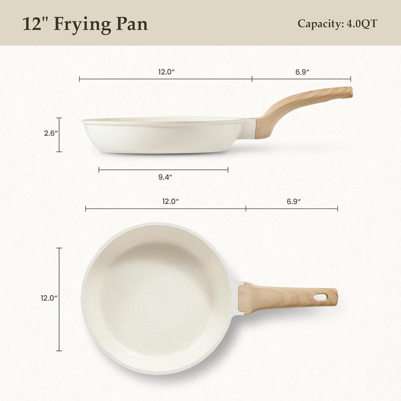 CAROTE 12" Non Stick Frying Pan Skillet, Omelet Pan, Healthy Non Toxic Granite Chef Pan, Induction Compatible Egg Frying Pan with Heat-Resistant Handle, PFOA-Free, Cream White - Image 2