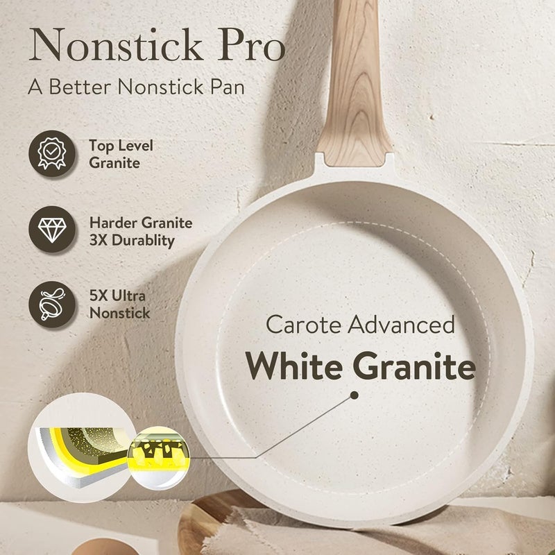 CAROTE 12" Non Stick Frying Pan Skillet, Omelet Pan, Healthy Non Toxic Granite Chef Pan, Induction Compatible Egg Frying Pan with Heat-Resistant Handle, PFOA-Free, Cream White - Image 4
