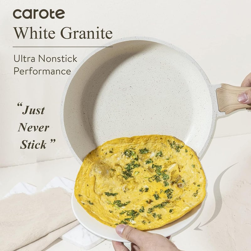 CAROTE 12" Non Stick Frying Pan Skillet, Omelet Pan, Healthy Non Toxic Granite Chef Pan, Induction Compatible Egg Frying Pan with Heat-Resistant Handle, PFOA-Free, Cream White - Image 3