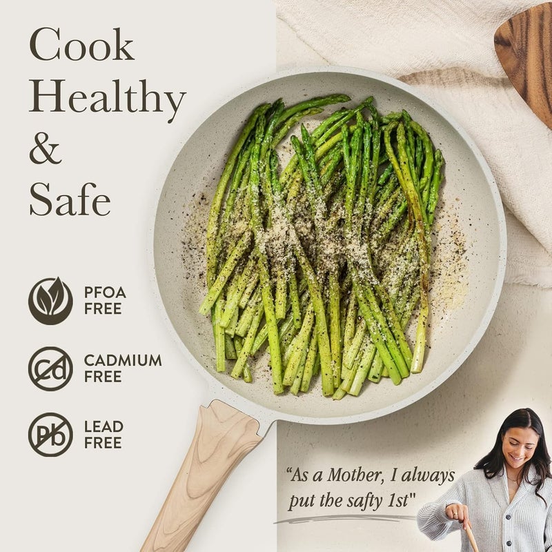 CAROTE 12" Non Stick Frying Pan Skillet, Omelet Pan, Healthy Non Toxic Granite Chef Pan, Induction Compatible Egg Frying Pan with Heat-Resistant Handle, PFOA-Free, Cream White - Image 5