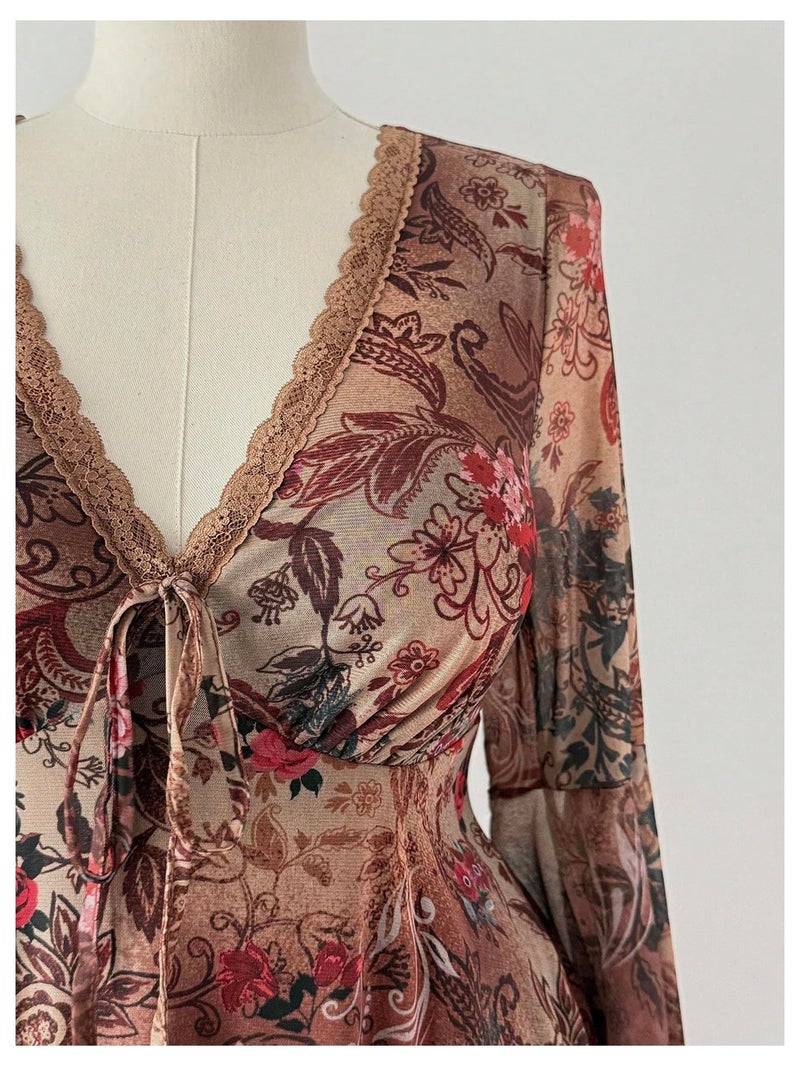 BEAUDRM Women's Y2k Plus Size Hippie Vintage Boho Dress Leopard Bell Long Sleeve V Neck Bow Mesh Goth Mini Dresses Multi Floral XX-Large Plus - Image 4