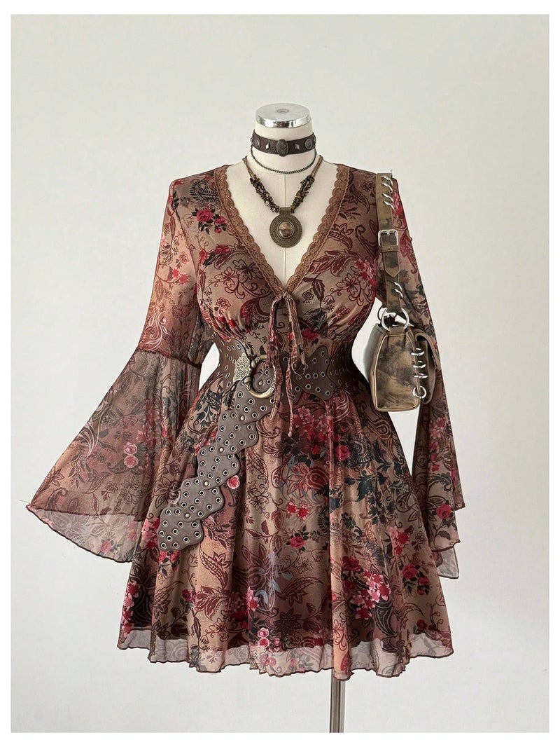 BEAUDRM Women's Y2k Plus Size Hippie Vintage Boho Dress Leopard Bell Long Sleeve V Neck Bow Mesh Goth Mini Dresses Multi Floral XX-Large Plus - Image 5