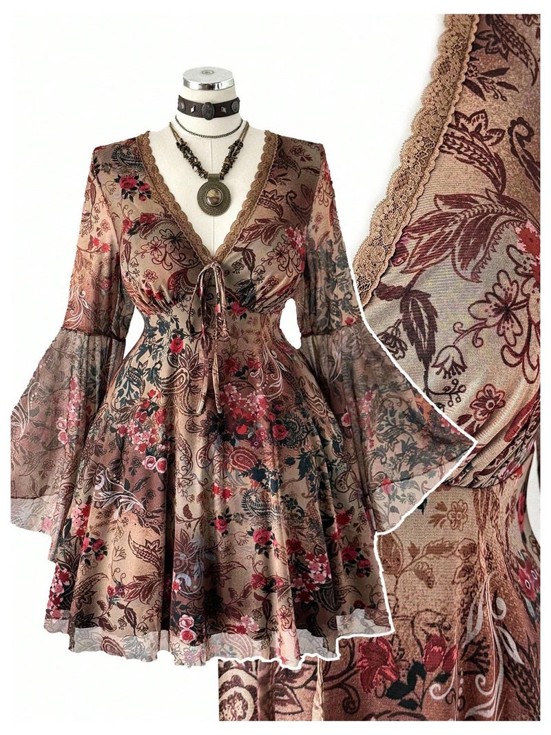 BEAUDRM Women's Y2k Plus Size Hippie Vintage Boho Dress Leopard Bell Long Sleeve V Neck Bow Mesh Goth Mini Dresses Multi Floral XX-Large Plus - Image 3