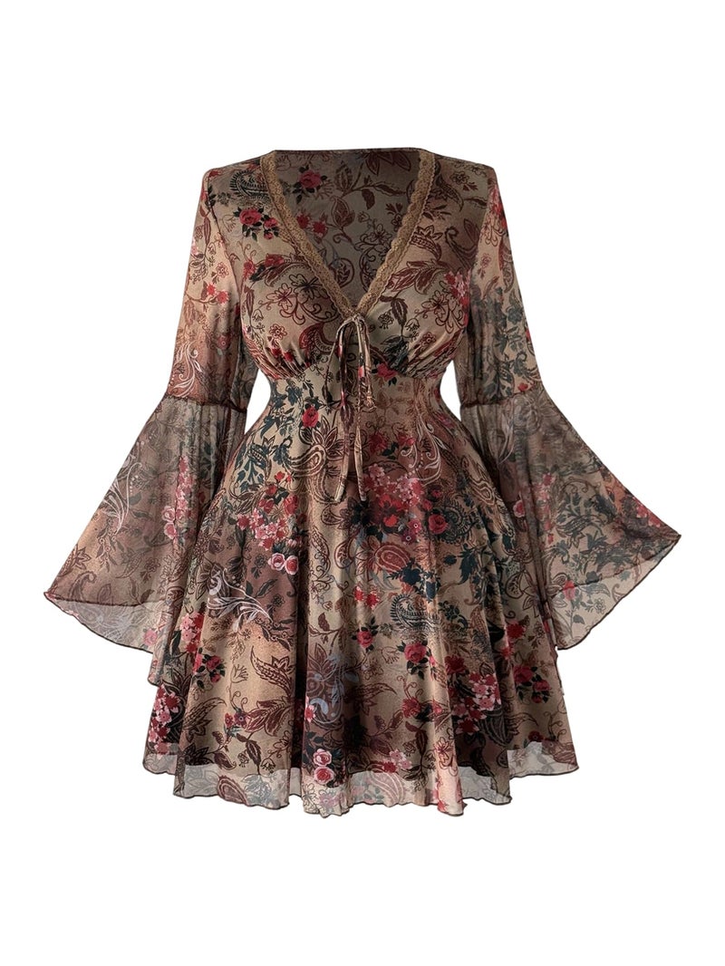 BEAUDRM Women's Y2k Plus Size Hippie Vintage Boho Dress Leopard Bell Long Sleeve V Neck Bow Mesh Goth Mini Dresses Multi Floral XX-Large Plus - Image 1