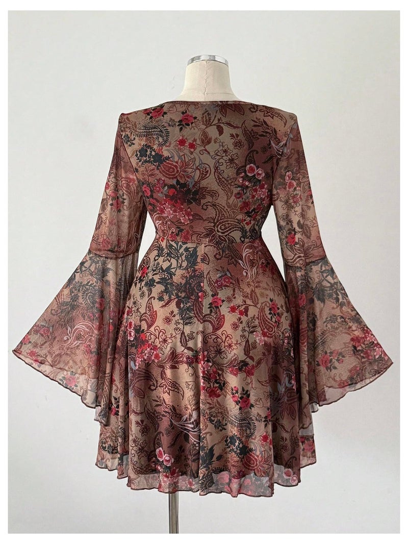 BEAUDRM Women's Y2k Plus Size Hippie Vintage Boho Dress Leopard Bell Long Sleeve V Neck Bow Mesh Goth Mini Dresses Multi Floral XX-Large Plus - Image 2