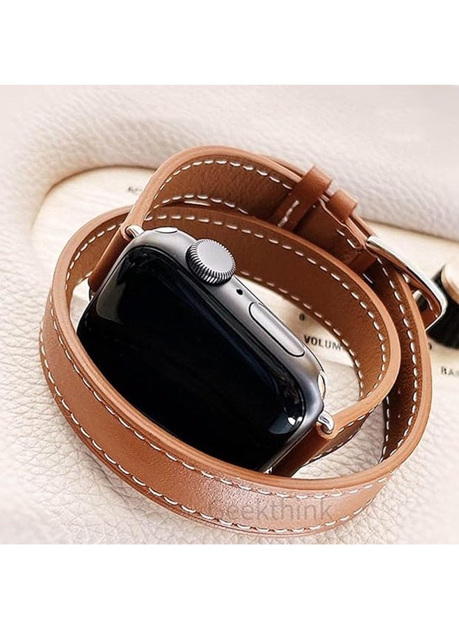 سوار ساعة مزدوج لساعة Apple Watch، 38 مم/40 مم/41 مم أو 42 مم/44 مم/45 مم، حزام لف رفيع من الجلد الأصلي لسلسلة 10 9 8 7 6 SE 5 4 3 2 1 - Image 4