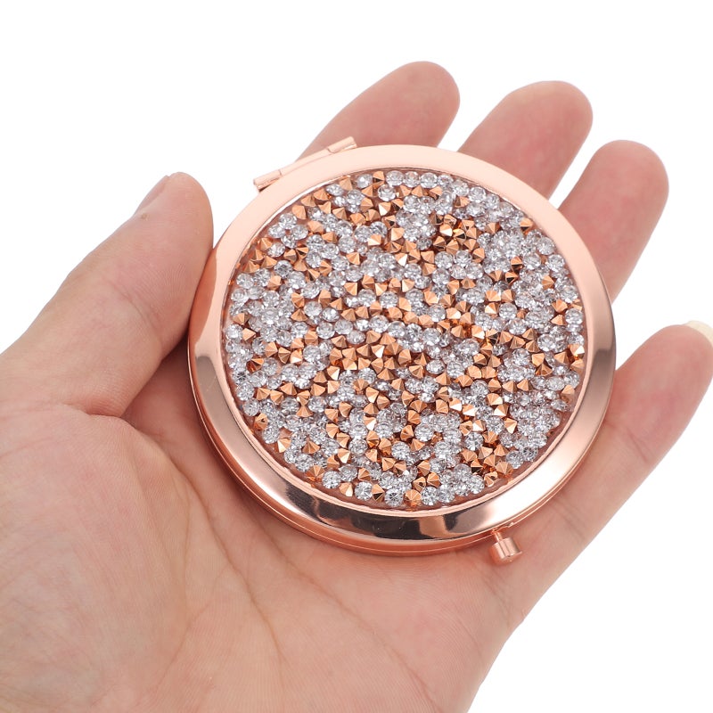 Mini Makeup Mirror for Purse Portable Foldable Small Rhinestone Round Compact Travel Size Handheld Mirror - Image 3