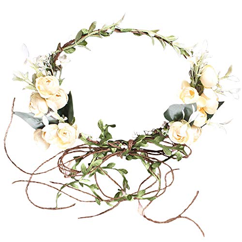 WLBON Flower Crown Headband Rose Wreath Garland Hair Bands Floral Wedding Bridal Hair Hoop Women Ladies Leaf Vine Party Decoration Headdress Headwear Christmas Handmade Headpiece Hair Accessories White - Image 1