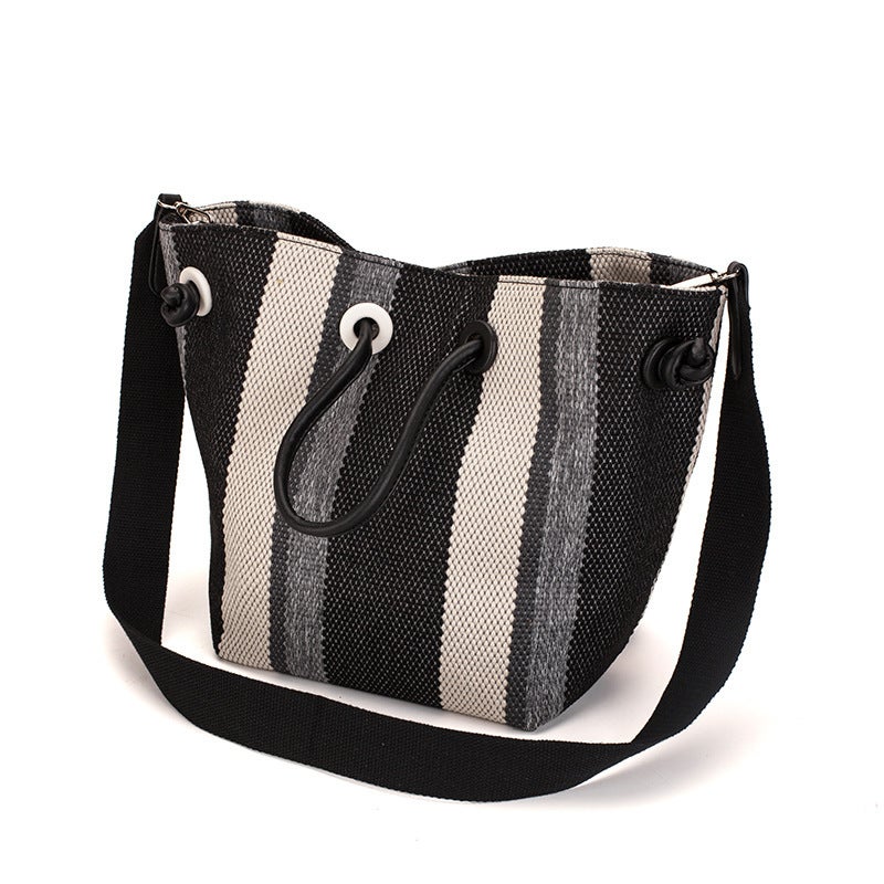 Bag Women'S 2023 New Contrast Color Striped Women'S Shoulder Bag Large Capacity Casual Canvas Women'S Bag Trendy One-Piece Hair - Image 2
