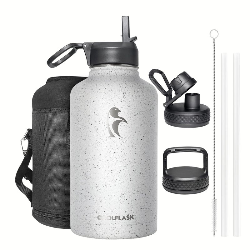 Half Gallon Water Bottle Insulated with Straw3 Lids Coolflask 64 oz Water Jug Galaxy Large Metal Stainless Steel flask for Gym Sports and Office Keep Cold 48H Hot 24H Arctic White