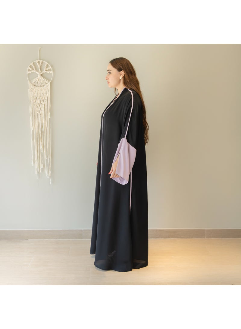 Linelle Two-Tone Abaya for Women – Classic Black with Contrast Soft Lilac Sleeves, Front-Open Style, Wide Flowing Sleeves, Modest Daily & Occasion Wear - Image 2
