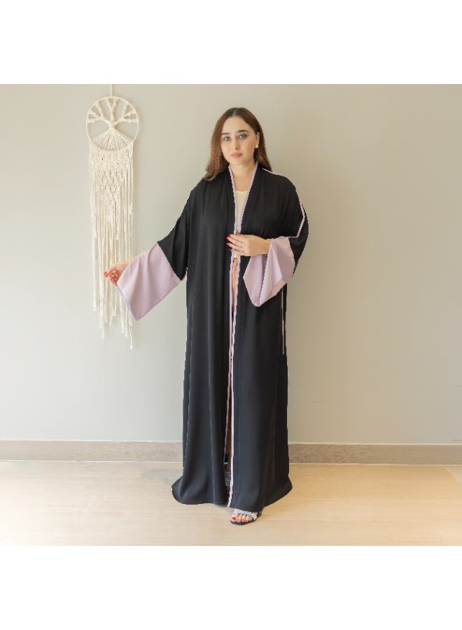 Linelle Two-Tone Abaya for Women – Classic Black with Contrast Soft Lilac Sleeves, Front-Open Style, Wide Flowing Sleeves, Modest Daily & Occasion Wear - Image 1