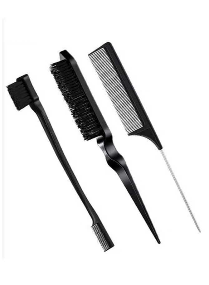 3-Piece Slick Back Hair Brush Set Hair Brush Edge Control Brush Teasing Comb Rat Tail Comb for Women Baby Kids' Hair (Black) - Image 1