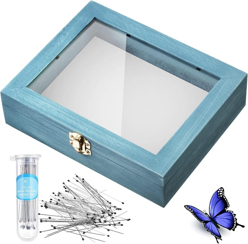 WILLBOND Insect Display Case Box Collection Box with Clear Top, EVA Foam Pinning Board and 100 Pieces Pins Insect Shadow Box Kit Entomology Supplies for Collecting Butterfly Specimen (Blue) - Image 1