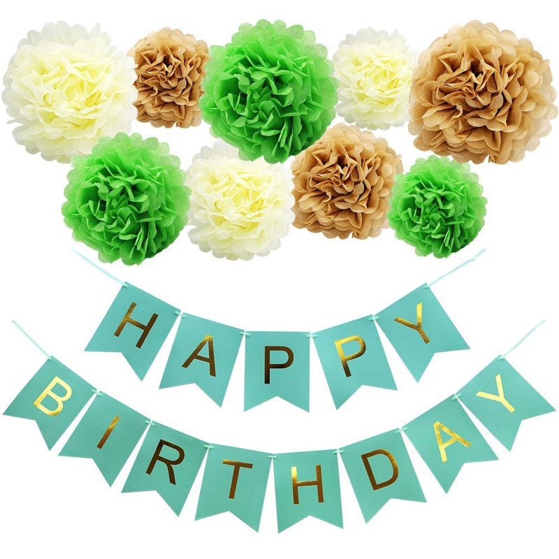 Theme My Party Theme My Party Happy Birthday Bunting Flags Green Banner and Tissue Paper Pom Poms Flowers Garland Birthday Party Decorations (Green)  - Image 1
