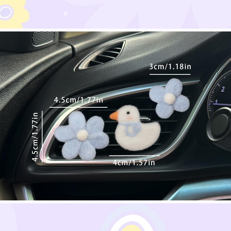 ORIESSE Cute Car Accessories,Duck Flower Air Vent Clips,Handmade Wool Felt Aroma Diffuser,Refillable Girly Car Air Freshener,3pcs White Blue Car Decor - Image 2