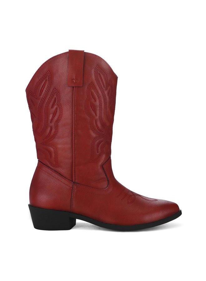 mysoft Women's Wide Calf Cowboy Boots Pull-On Mid-Calf Embroidered Pointed Toe Chunky Heel Retro Western Boots, Red, 8.5 Wide - Image 4