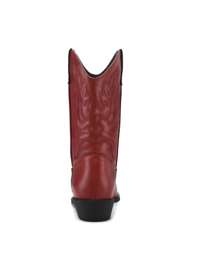 mysoft Women's Wide Calf Cowboy Boots Pull-On Mid-Calf Embroidered Pointed Toe Chunky Heel Retro Western Boots, Red, 8.5 Wide - Image 5