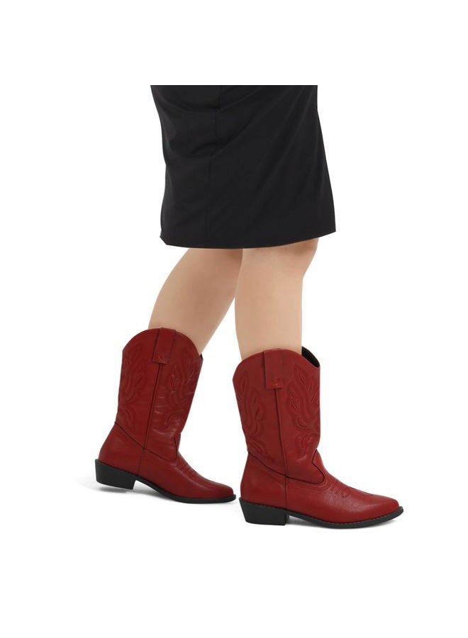 mysoft Women's Wide Calf Cowboy Boots Pull-On Mid-Calf Embroidered Pointed Toe Chunky Heel Retro Western Boots, Red, 8.5 Wide - Image 3
