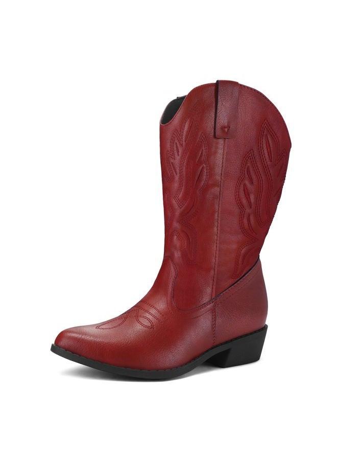 mysoft Women's Wide Calf Cowboy Boots Pull-On Mid-Calf Embroidered Pointed Toe Chunky Heel Retro Western Boots, Red, 8.5 Wide - Image 1