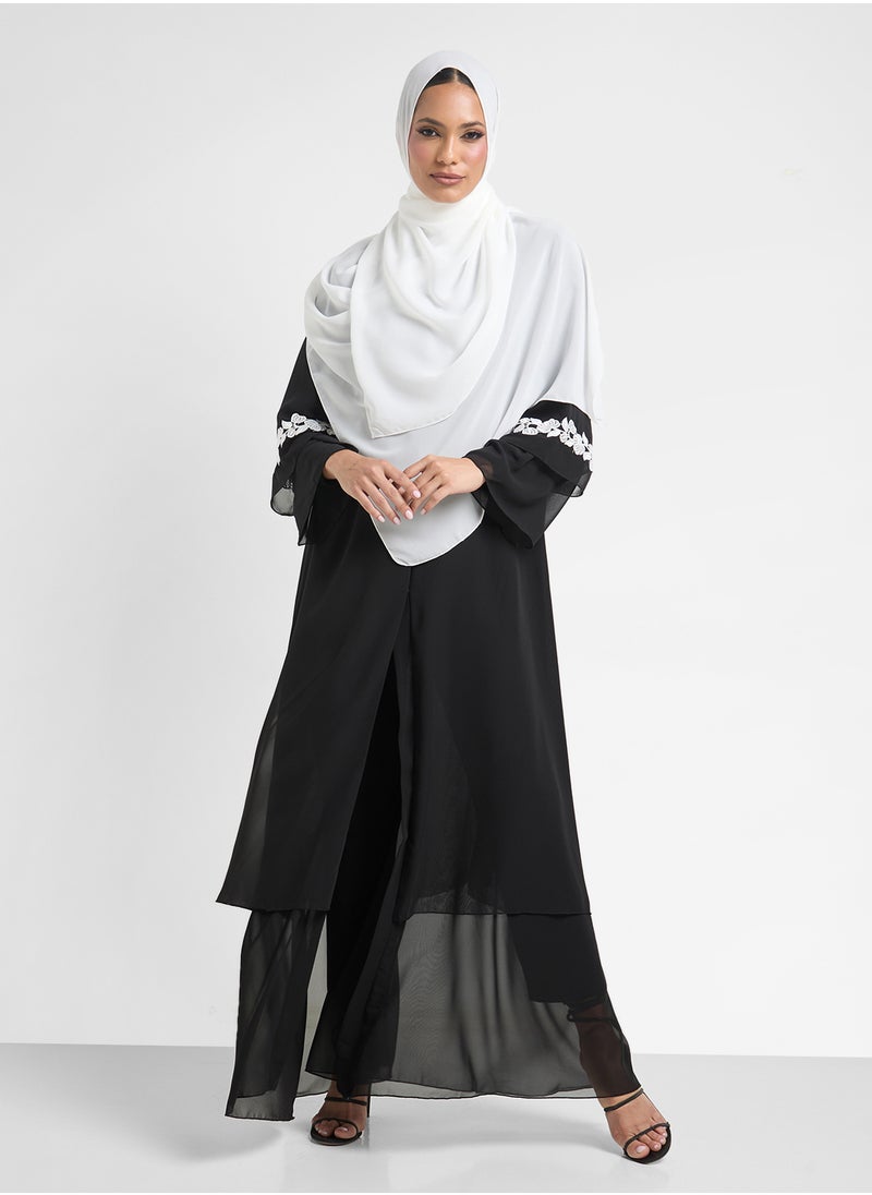 Khizana - Layered Abaya With Motif On Sleeves - Image 1