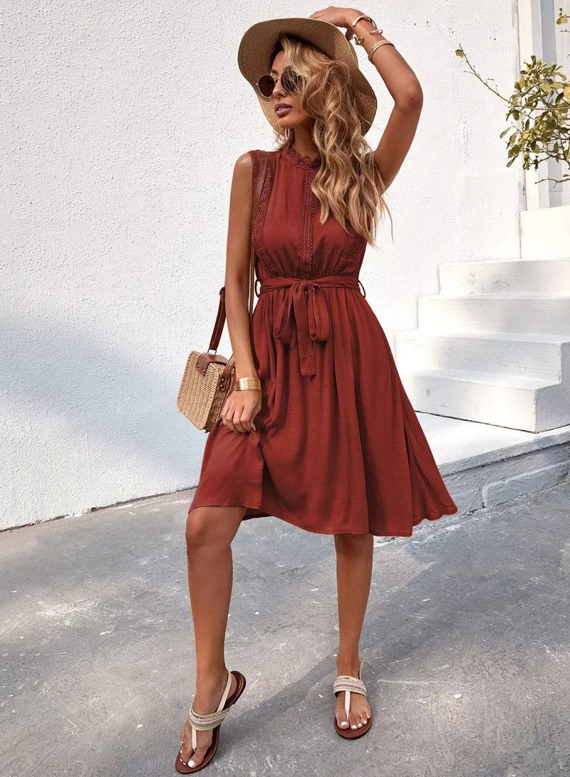 Contrast Lace Belted A-line Dress  - Image 3