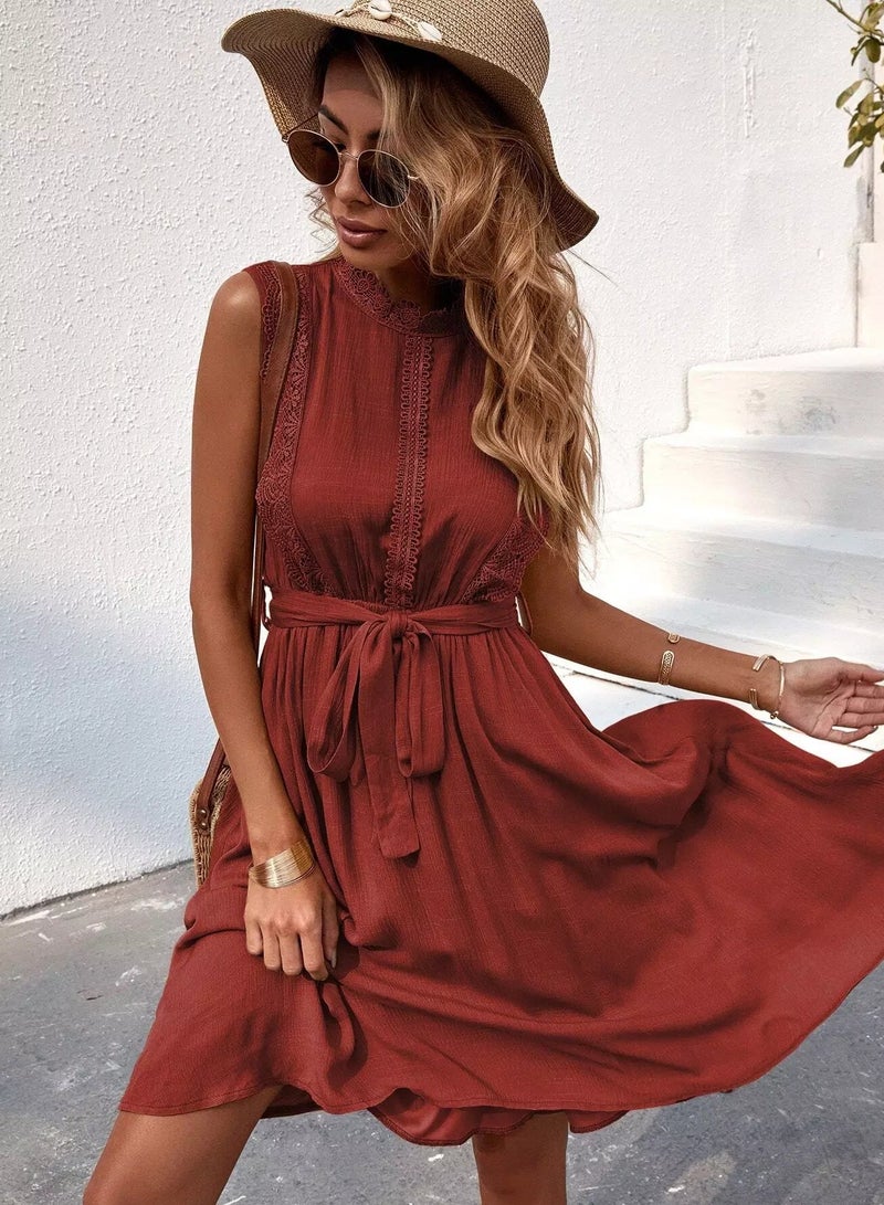 Contrast Lace Belted A-line Dress  - Image 4