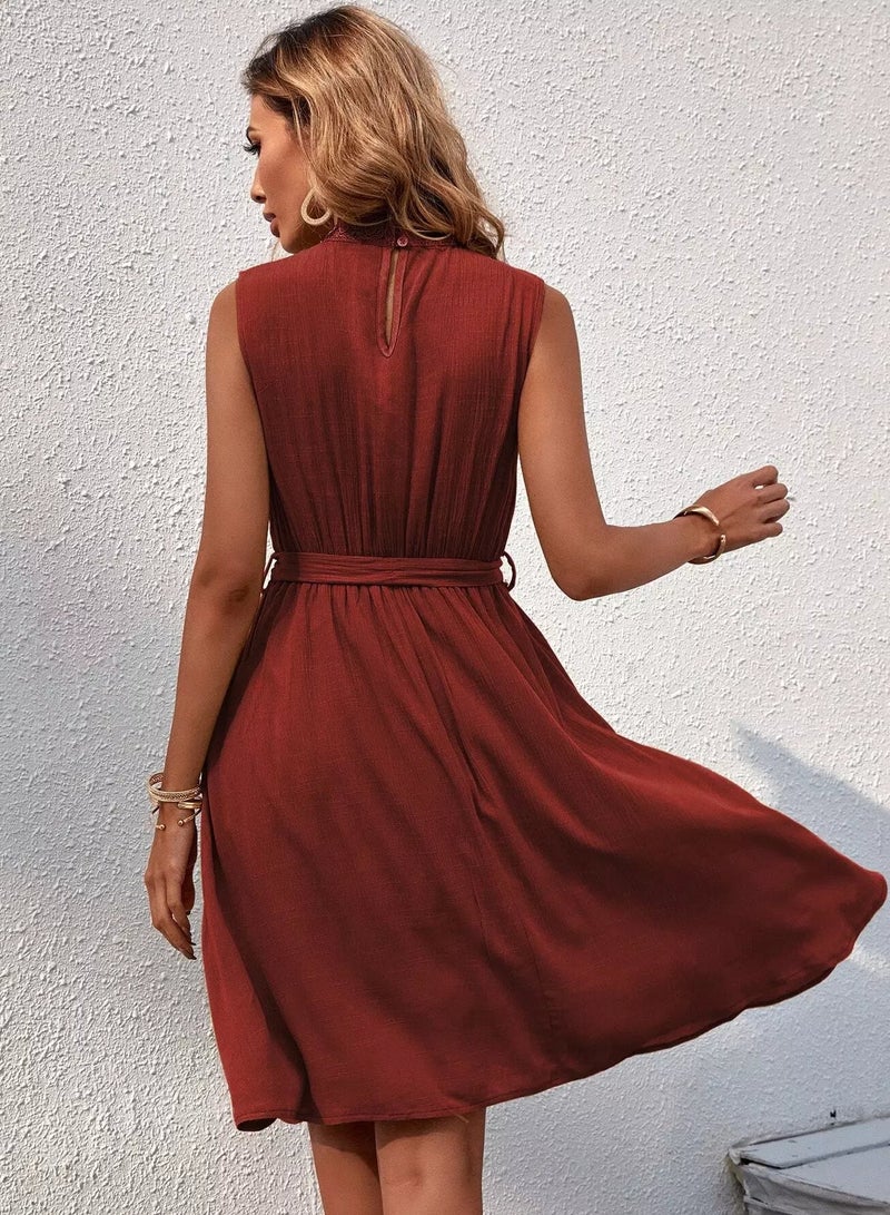 Contrast Lace Belted A-line Dress  - Image 2