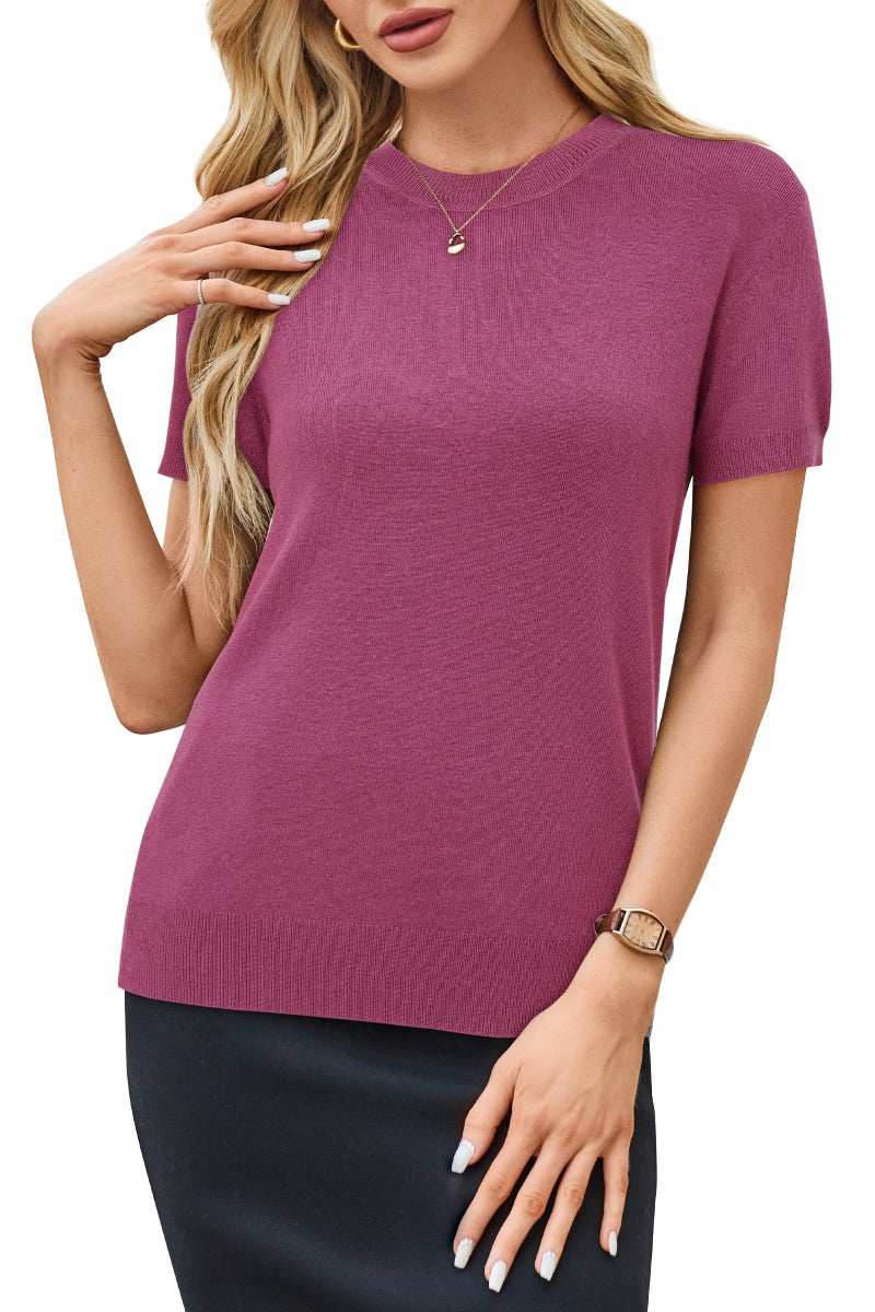 Arach&Cloz Womens Hot Pink Tops Short Sleeve Pullover Sweaters Crew Neck Casual Tops Trendy 2026 (Raspberry Pink,S) - Image 2