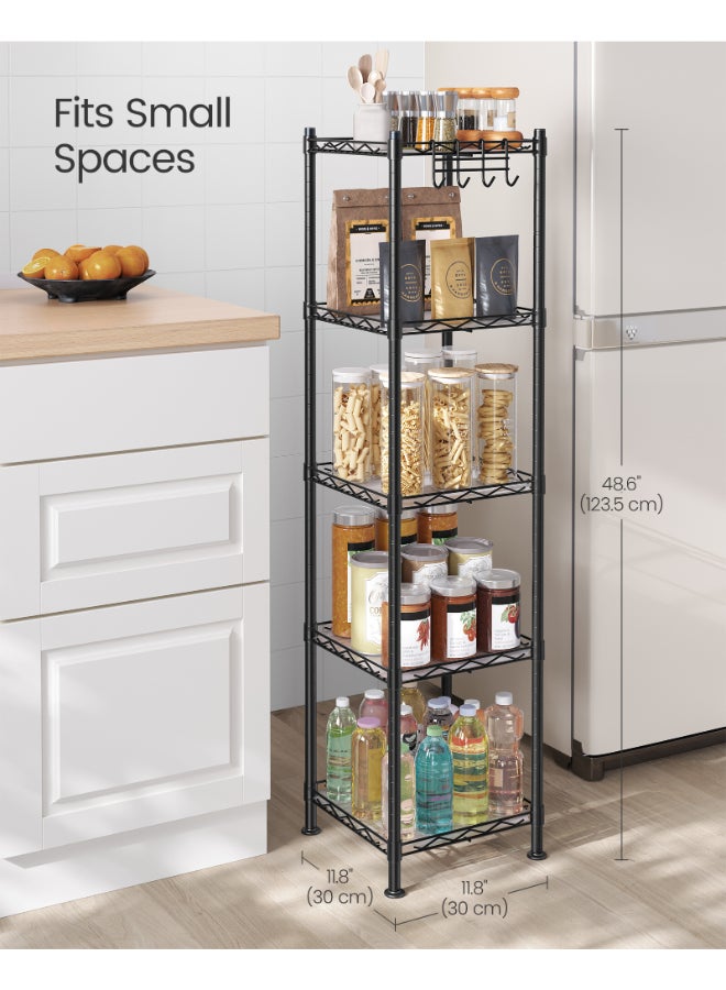 SONGMICS Bathroom Shelf, Metal Storage Rack, Total Load Capacity 100 kg, with 5 PP Sheets, Removable Hooks, 30 x 30 x 123.5 cm, Expandable Design, for Small Space, Black and Translucent - Image 3