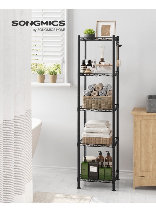 SONGMICS Bathroom Shelf, Metal Storage Rack, Total Load Capacity 100 kg, with 5 PP Sheets, Removable Hooks, 30 x 30 x 123.5 cm, Expandable Design, for Small Space, Black and Translucent - Image 2