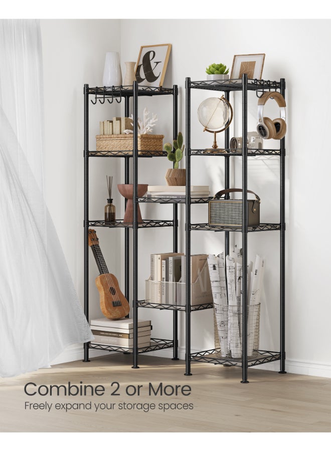 SONGMICS Bathroom Shelf, Metal Storage Rack, Total Load Capacity 100 kg, with 5 PP Sheets, Removable Hooks, 30 x 30 x 123.5 cm, Expandable Design, for Small Space, Black and Translucent - Image 5