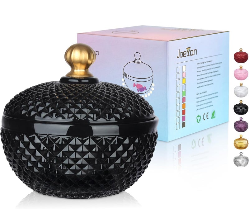 Joeyan 12 oz Small Black Glass Jars with Lid,Embossed Glass Candy Dishes,Diamond Faceted Food Container,Decorative Jewelry Box Apothecary Canisters,Colored Kitchen Bathroom Buffet Storage Organizer - Image 1