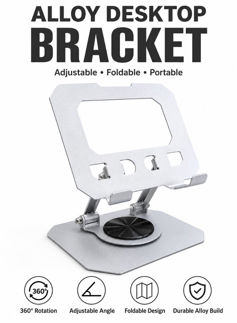 Adjustable Aluminium Alloy Desktop Stand, Foldable Portable Laptop Tablet Phone Holder With 360° Rotating Base - Image 1