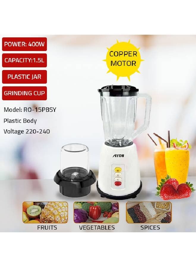 Arrow Blender with Grinder - 1.5 Liters - 400 Watts - Plastic with Stainless Steel Body - White - RO-15PBSY - Image 3