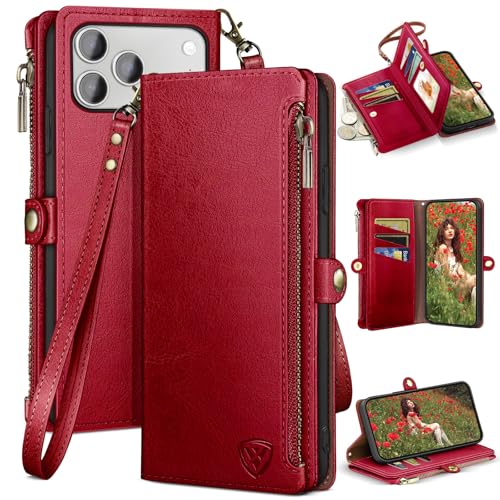 XcaseBar compatible with iPhone 17 Pro 6.3" Wallet case with Zipper Credit Card Holder【RFID Blocking】,Flip Folio Book PU Leather Phone case Shockproof Cover Women Men for Apple 17 Pro case Red - Image 1