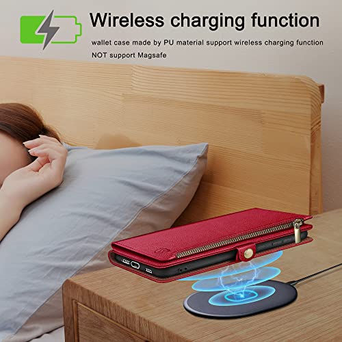 XcaseBar compatible with iPhone 17 Pro 6.3" Wallet case with Zipper Credit Card Holder【RFID Blocking】,Flip Folio Book PU Leather Phone case Shockproof Cover Women Men for Apple 17 Pro case Red - Image 4