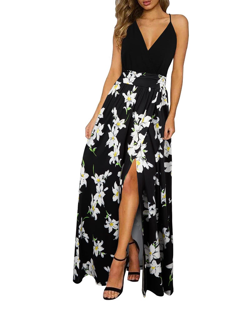 Newshows Womens' Clothing Spring Easter 2025 V Neck Spaghetti Strap Resort Wear Casual Long Flowy Beach Maxi Dress Trendy 2025 (Black Floral Lily, L) - Image 1
