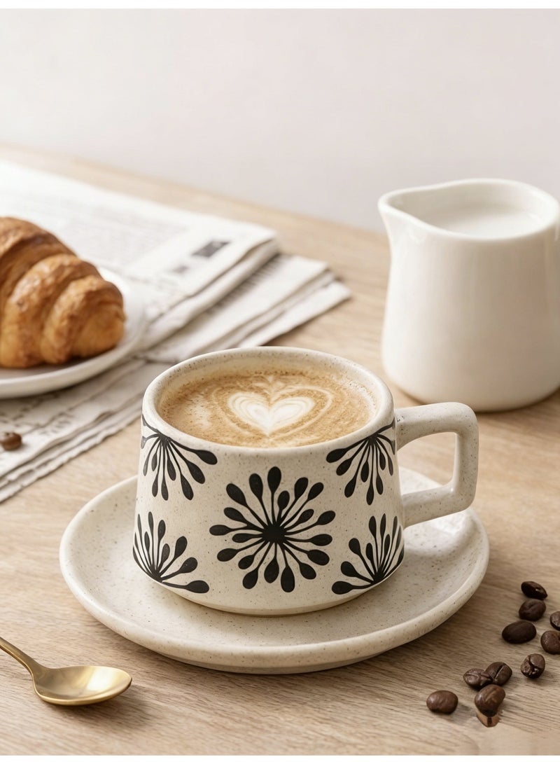 Ceramic Coffee Mug & Saucer Set 280ml Latte Tea Milk Cup Rustic Pottery Style - Image 1