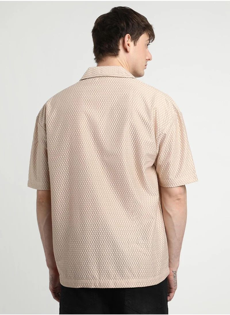 Campus Sutra Men's Beige Oversized Honeycomb Shirt