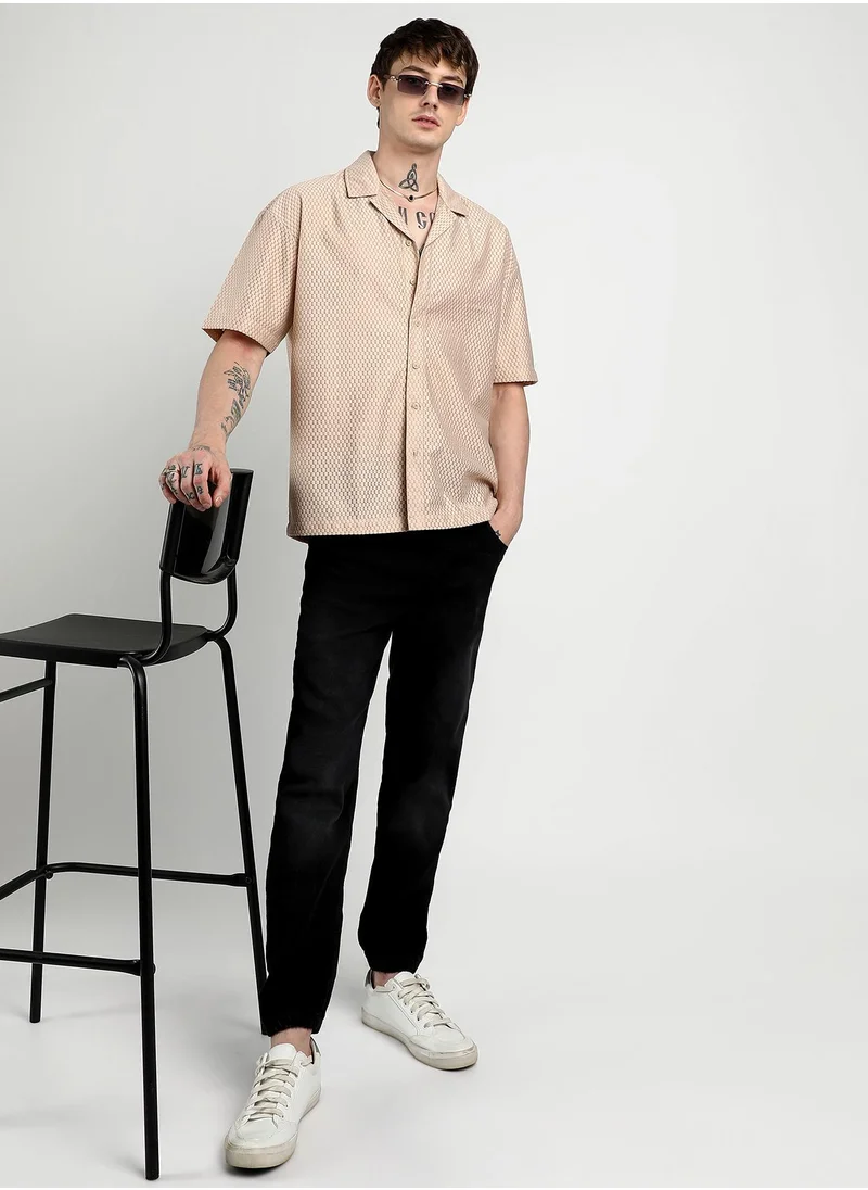 Campus Sutra Men's Beige Oversized Honeycomb Shirt
