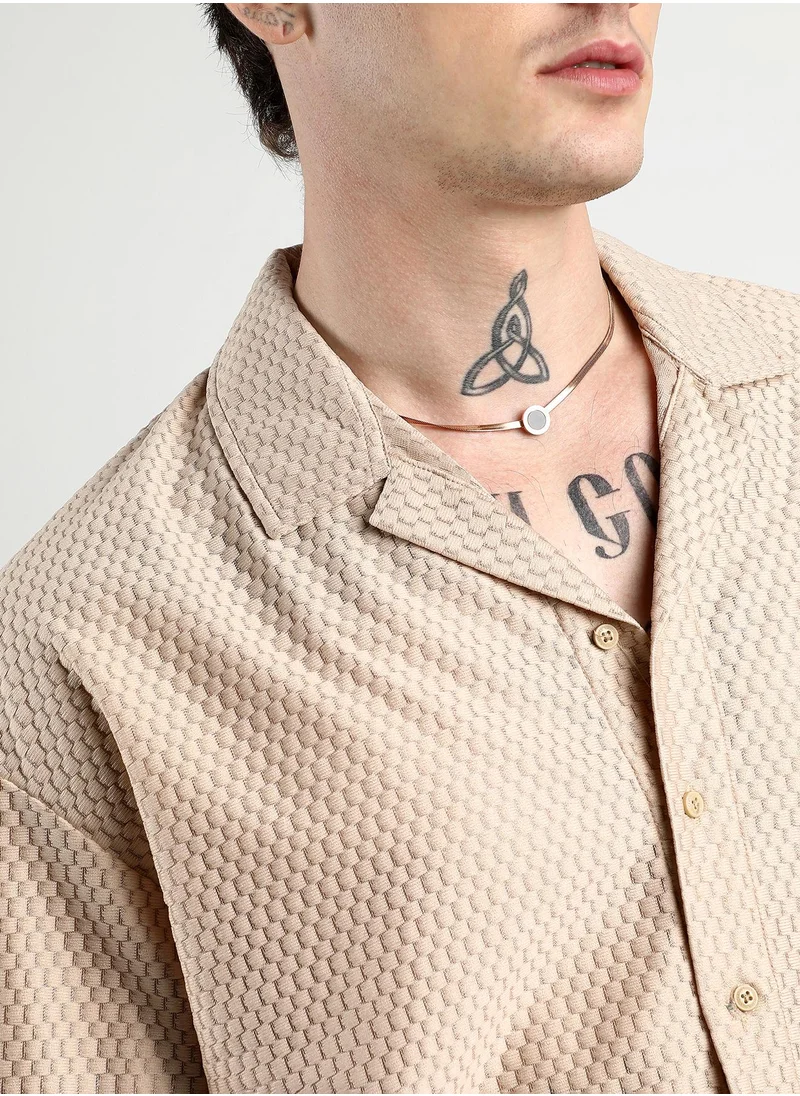 Campus Sutra Men's Beige Oversized Honeycomb Shirt