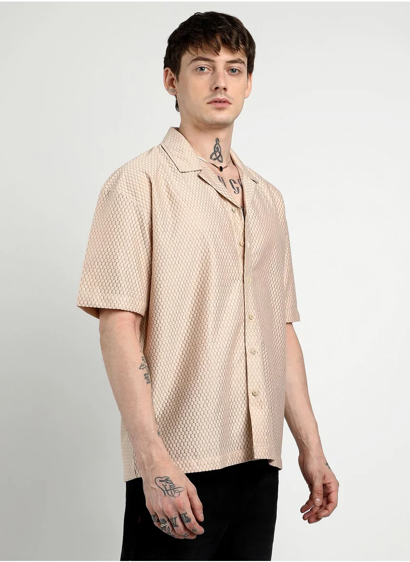 Campus Sutra Men's Beige Oversized Honeycomb Shirt