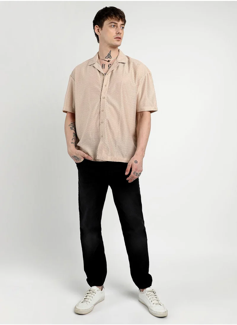 Campus Sutra Men's Beige Oversized Honeycomb Shirt
