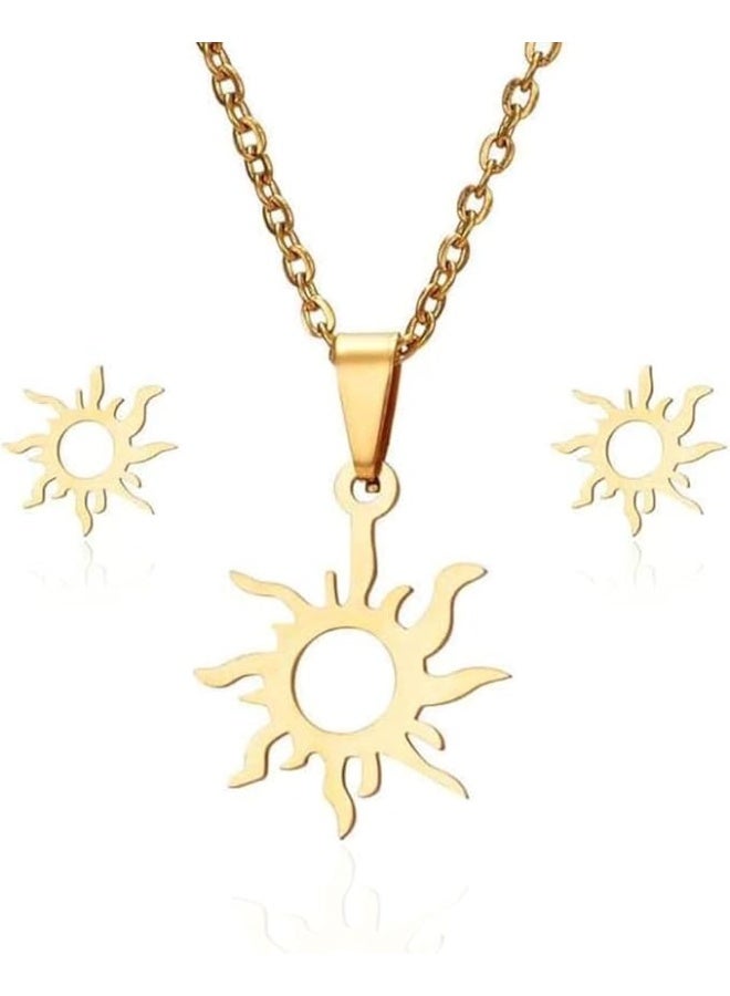 Rwnq Stainless Steel Sun Shape Necklace and Earrings Set - A Charming Girls Gift! - Women's Accessories-Children's accessories_Stainless accessories  - Image 1