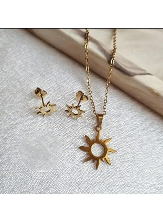 Rwnq Stainless Steel Sun Shape Necklace and Earrings Set - A Charming Girls Gift! - Women's Accessories-Children's accessories_Stainless accessories  - Image 2