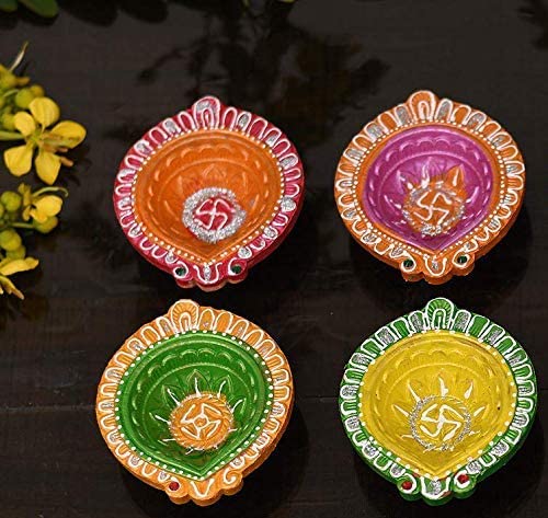 Collectible India Diwali Gift Combo Diwali Decoration Items Hampers Pack for Family and Friends Gold Silver Plated Brass Bowl Showpiece for Puja with 4 Clay Diya Oil Lamp Greeting Card - Image 3